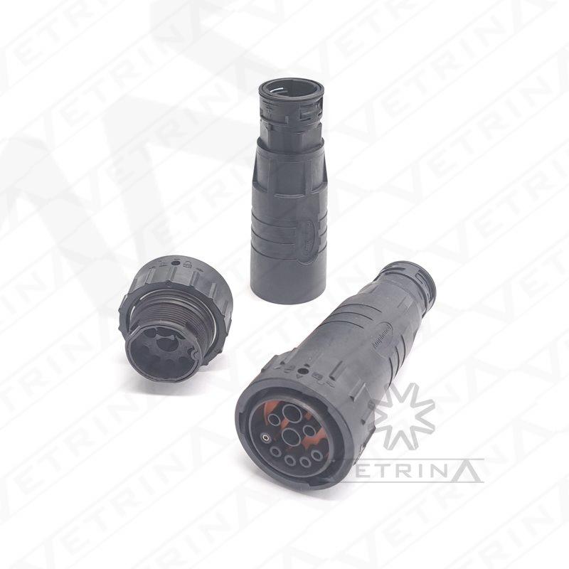 Conector circular Amphenol AHDP de 9 vias padrão ISOBUS, modelo AHDP06-24-91S-BS2, na cor preta com backshell de proteção para aplicações eletrônicas em máquinas agrícolas.