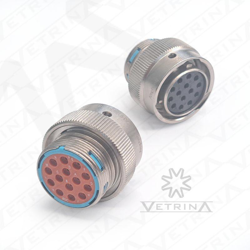 Conector circular metálico Amphenol série AHDM de 14 vias, modelo AHDM06-18-14SR-059, com acoplamento roscado e adaptador de saída, projetado para máxima resistência mecânica.