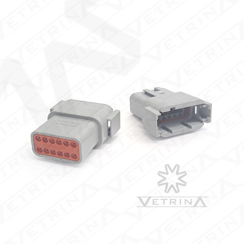 Conector selado Amphenol série ATM de 12 vias, modelo ATM04-12PA, cor cinza, design compacto para terminais tamanho 20 em chicotes elétricos industriais.