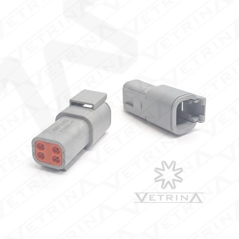 Conector macho selado Amphenol série ATM de 4 vias, modelo ATM04-4P, cor cinza, em termoplástico, para uso com terminais tamanho 20 em chicotes de baixa corrente.