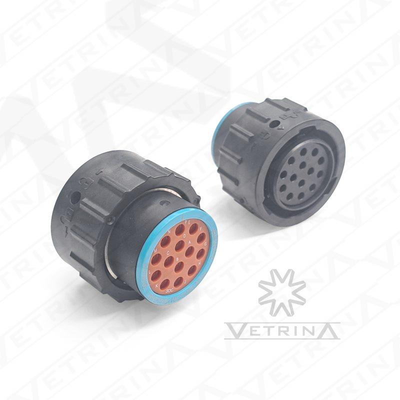 Conector circular fêmea Amphenol série AHDP de 14 vias, modelo AHDP06-18-14SR-SRA, com adaptador traseiro liso (SRA) e vedação reduzida para chicotes compactos.