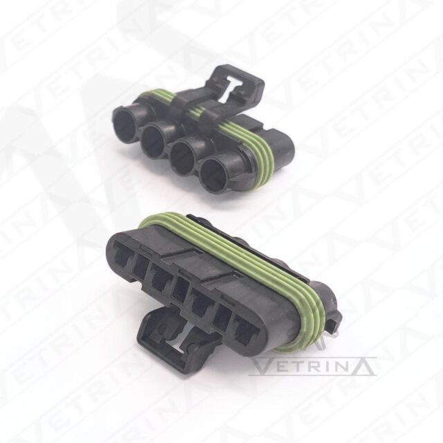 Conector fêmea selado Aptiv série Metri-Pack 280 de 4 vias, modelo 15300029, cor preta, projetado para alta capacidade de corrente e vedação em ambientes automotivos severos.