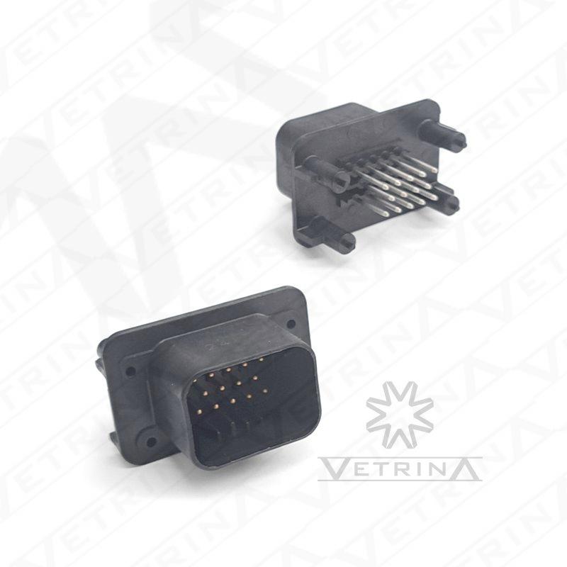 Conector macho para PCB TE Connectivity série AMPSEAL de 14 vias, modelo 1-776261-1, cor preta, em ângulo de 90 graus com vedação para aplicações severas.