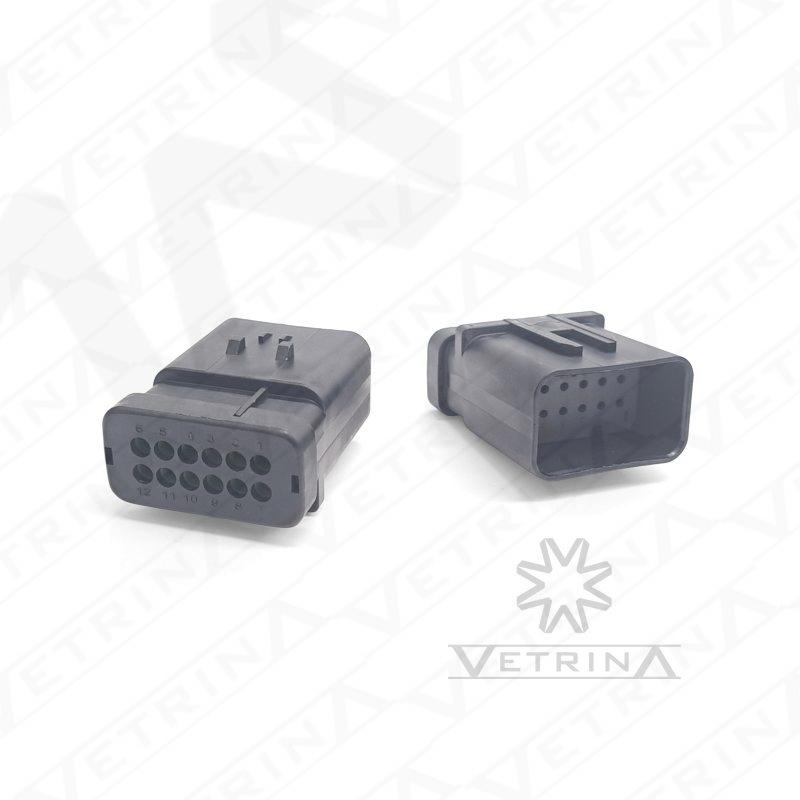 Conector macho selado TE Connectivity série AMPSEAL 16 de 12 vias, modelo 776539-2, cor cinza com chaveamento tipo 2, projetado para vedação estanque e alta durabilidade em chicotes industriais.