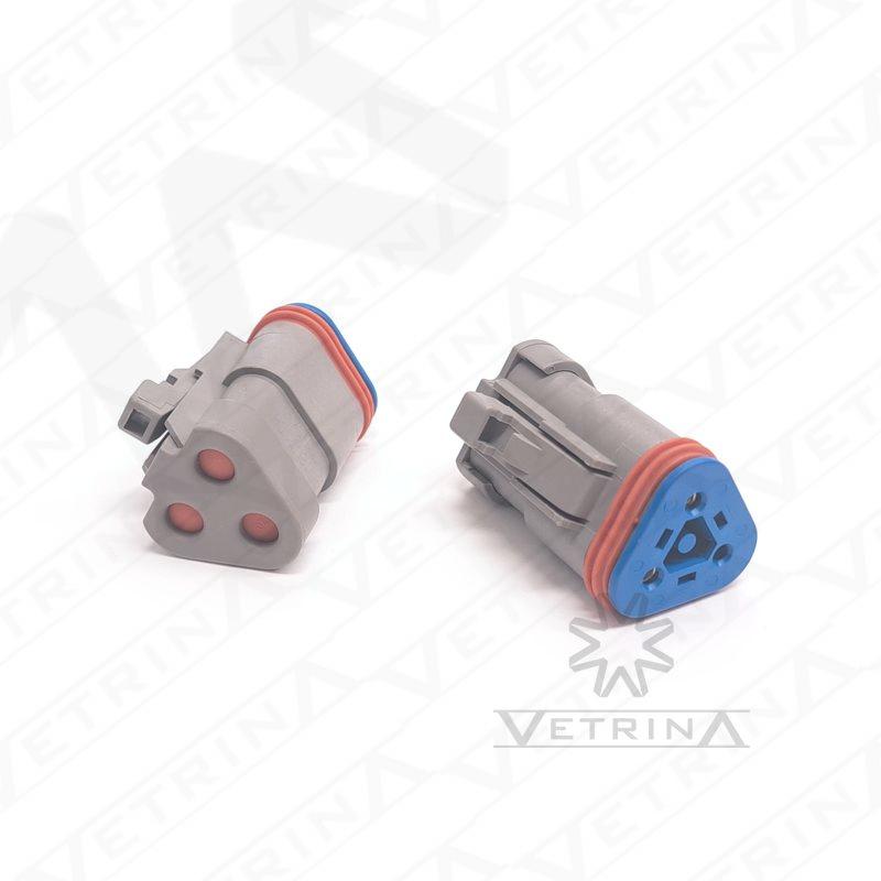 Conector fêmea Deutsch série DT de 3 vias, modelo DT06-3S-P006, cor cinza com resistor terminador de 120 Ohm integrado para redes de comunicação CAN Bus.