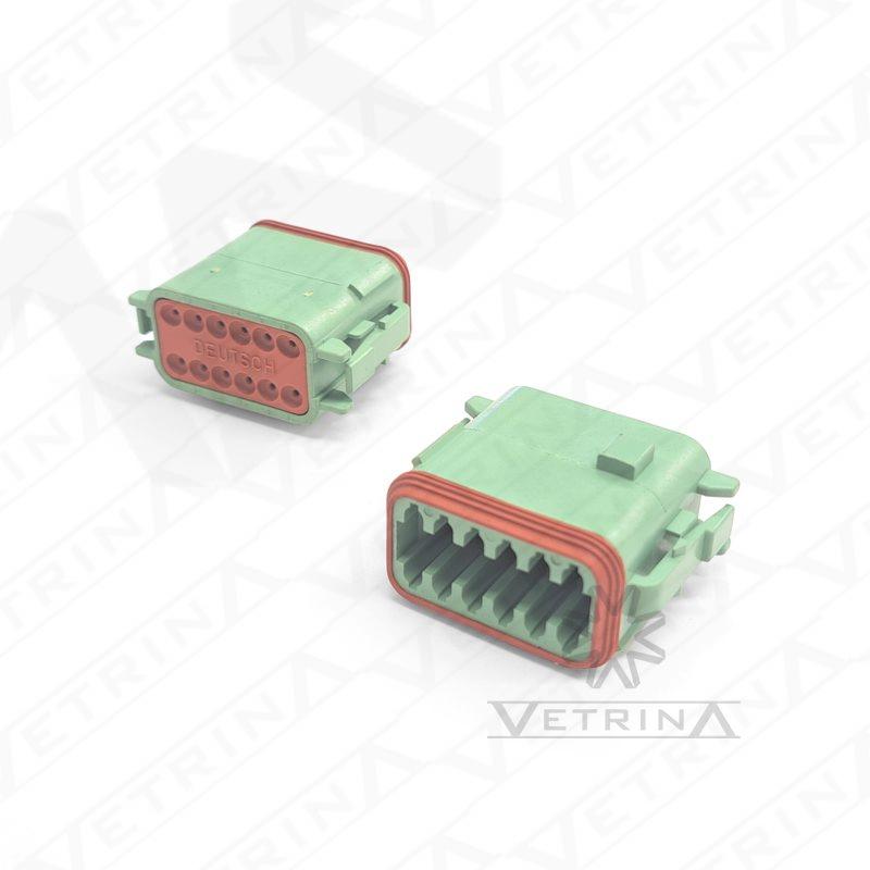 Conector fêmea selado Deutsch série DT de 12 vias, modelo DT06-12SC-EP06, cor verde com chaveamento tipo C, tampa traseira protetora e retentor frontal soldado.