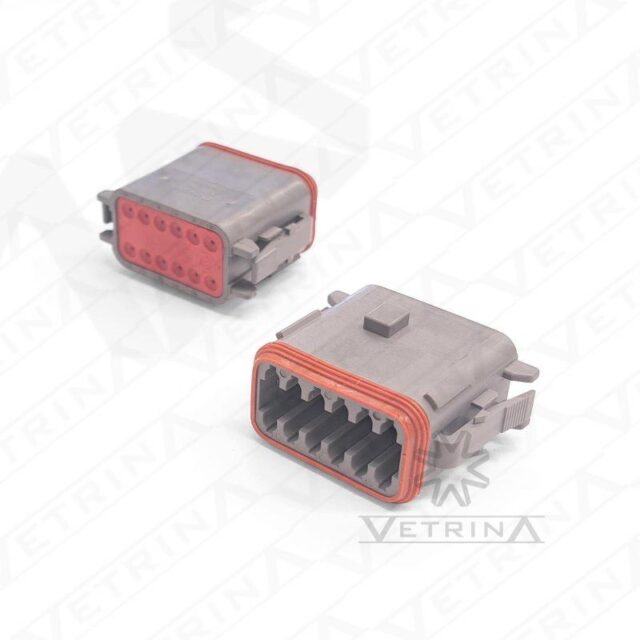 Conector fêmea selado Deutsch série DT de 12 vias, modelo DT06-12SA-CE06, cor cinza com chaveamento tipo A, vedação para fios finos e retentor frontal soldado.