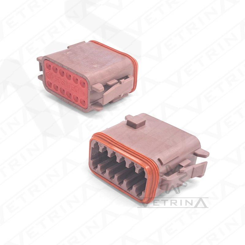 Conector fêmea selado Deutsch série DT de 12 vias, modelo DT06-12SD-CE06, cor marrom com chaveamento tipo D, vedação para fios finos e retentor frontal soldado para uso industrial.
