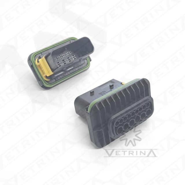 Conector fêmea selado TE Connectivity série HDSCS de 15 vias, modelo 1-1564532-1, cor verde com trava amarela, projetado para aplicações industriais e automotivas pesadas.