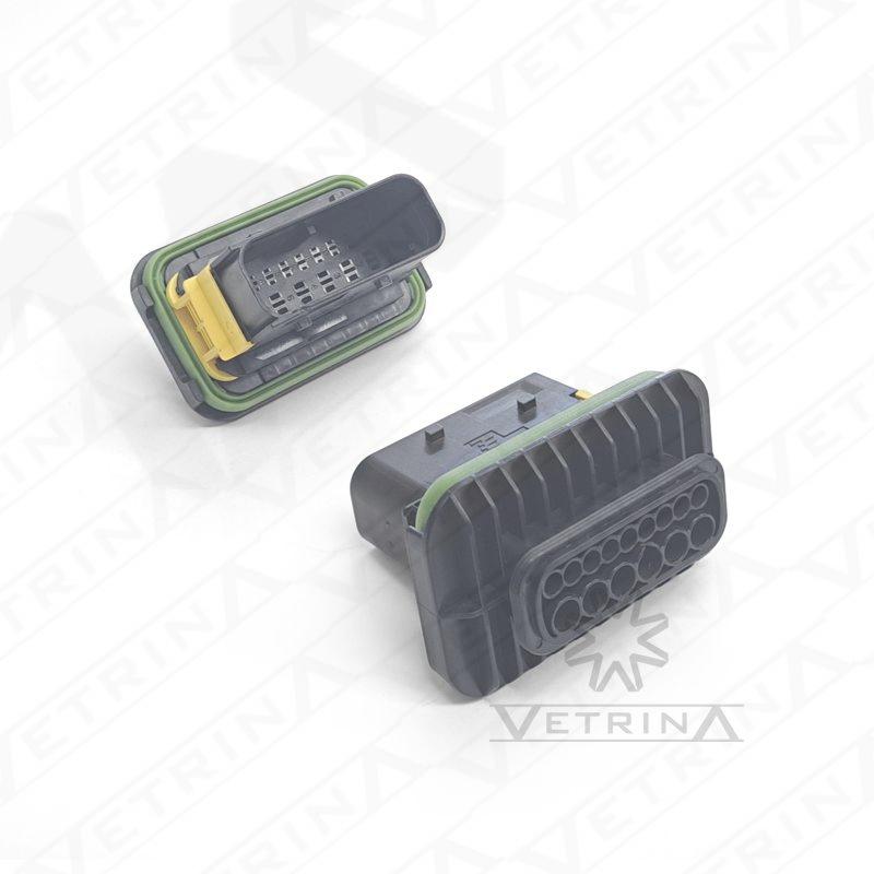 Conector fêmea selado TE Connectivity série HDSCS de 15 vias, modelo 1-1564532-1, cor verde com trava amarela, projetado para aplicações industriais e automotivas pesadas.