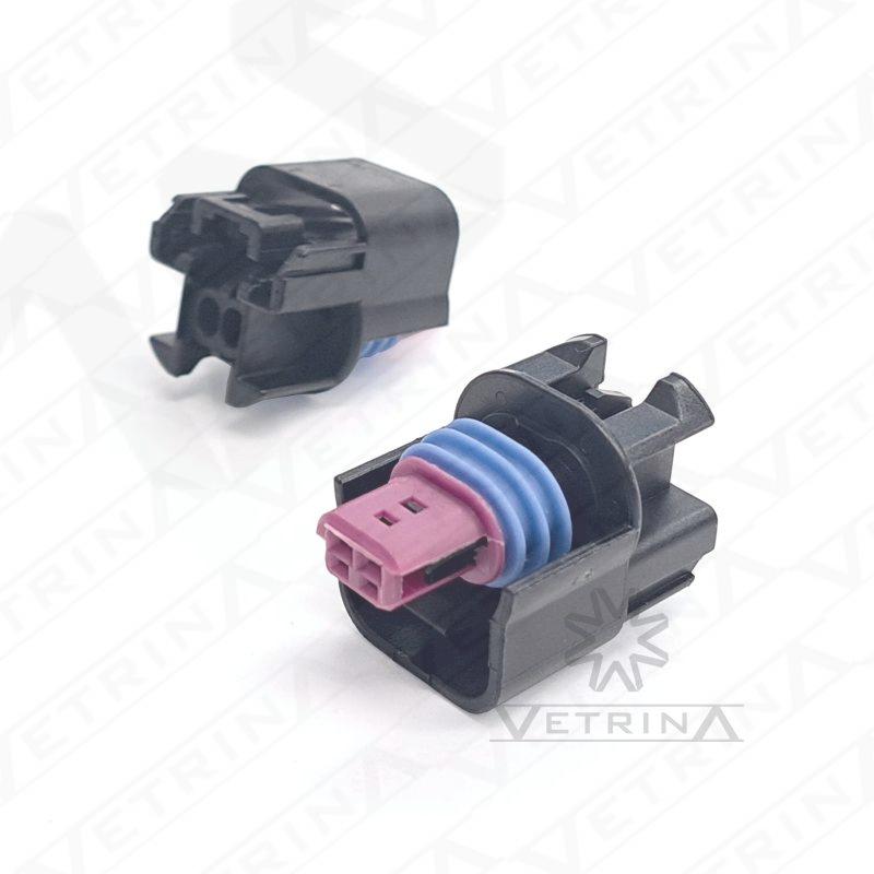 Conector fêmea Aptiv série GT 150 de 2 vias, modelo 15490464, design de meia capa na cor preta com detalhe roxo, para conexões automotivas compactas.