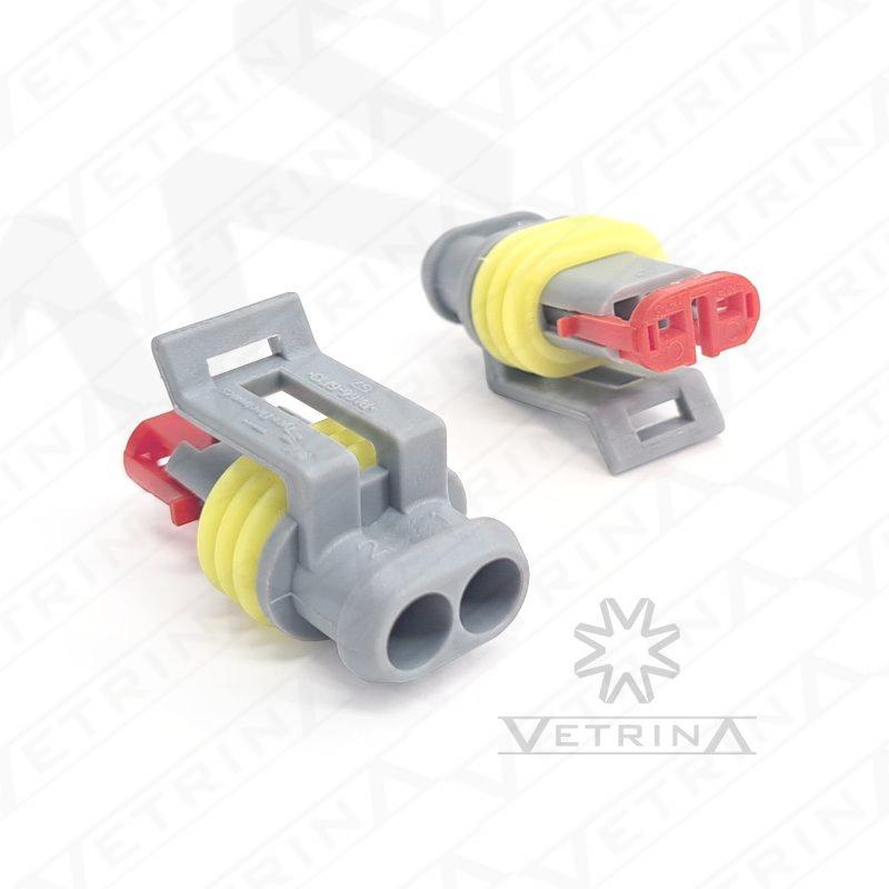 Conector fêmea selado TE Connectivity série Superseal 1.5 de 2 vias, modelo 282080-2, cor cinza, projetado para vedação de alta performance em chicotes automotivos.