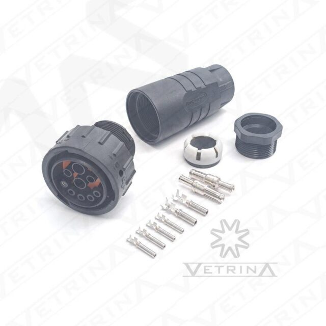 Kit conector fêmea ISOBUS Amphenol série AHDP de 9 vias, modelo AHDP06-24-91S-BS1-K06X, com capa traseira para tubo corrugado de 5/8 polegadas.
