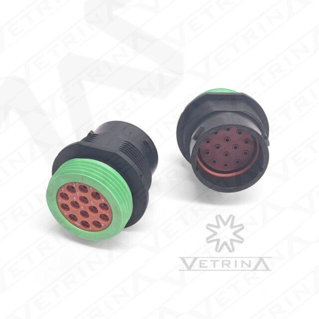 Conector macho circular Amphenol série AHDP de 14 vias, modelo AHDP04-18-14PN-WTA, com adaptador de rosca larga traseira para proteção de chicote."