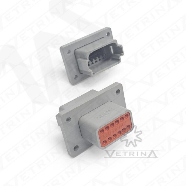 Conector macho selado Amphenol série AT de 12 vias, modelo AT04-12PA-L012, cor cinza com flange de 4 furos para montagem em painel.