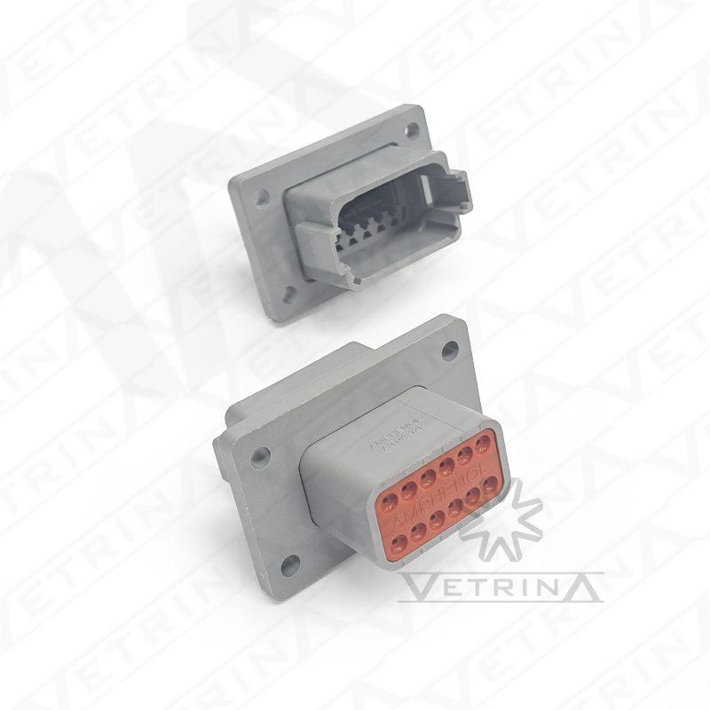 Conector macho selado Amphenol série AT de 12 vias, modelo AT04-12PA-L012, cor cinza com flange de 4 furos para montagem em painel.
