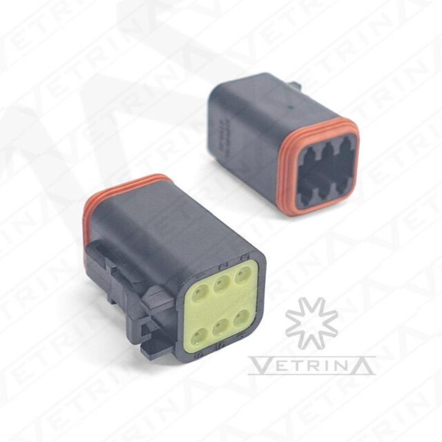Conector fêmea selado Amphenol série AT de 6 vias, modelo AT06-6S-RD01-BLK, cor preta com vedação para fios de diâmetro reduzido