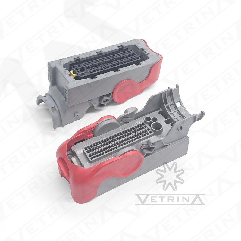 Conector fêmea selado TE Connectivity de 95 vias, modelo 2-2344950-1, cores preto e cinza, projetado para alta densidade de sinais em módulos automotivos.