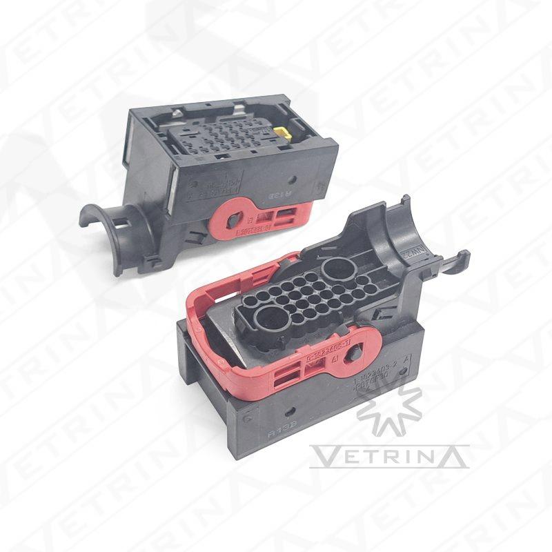 Conector fêmea selado TE Connectivity de 25 vias, modelo 1-2328352-2, nas cores preto e vermelho, para conexões de alta precisão em módulos eletrônicos.