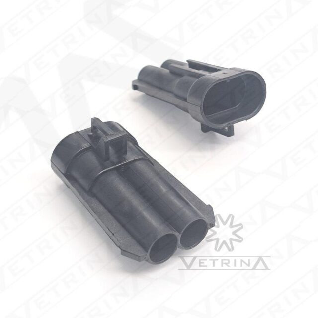 Conector macho selado Aptiv Metri-Pack 630 de 2 vias, modelo 15363993, cor preta, para aplicações automotivas de alta corrente.
