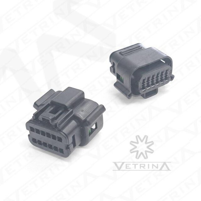 Conector fêmea selado Molex série MX120G de 12 vias, modelo 36792-1201, cor cinza com proteção IP67 para aplicações automotivas.
