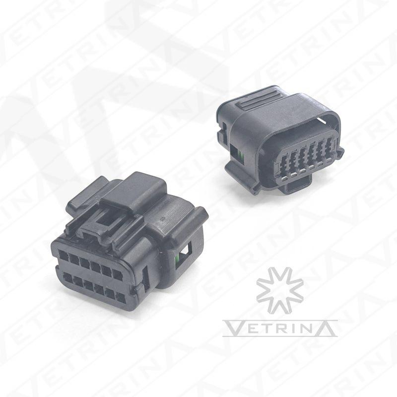 Conector fêmea selado Molex série MX120G de 12 vias, modelo 36792-1201, cor cinza com proteção IP67 para aplicações automotivas.