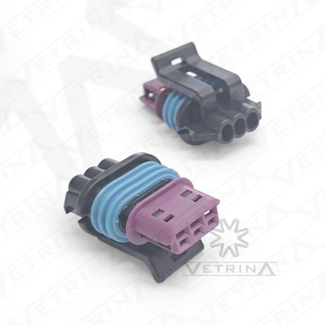 Conector fêmea selado Aptiv série GT150 de 3 vias, modelo 15491547, cor preta com trava roxa e proteção IP68.