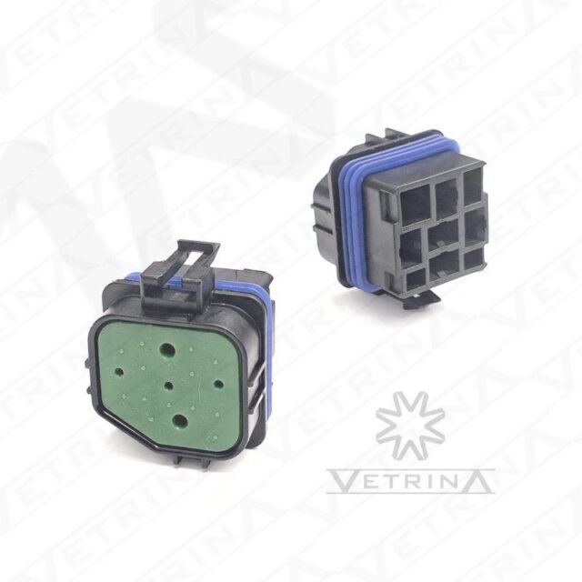 Conector porta-relé selado Aptiv Metri-Pack 630 de 5 vias, modelo 12065685, em termoplástico preto para proteção de componentes elétricos em ambientes sujeitos a vibração e umidade.