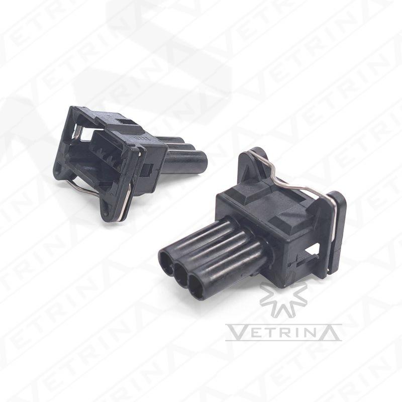 Conector fêmea selado TE Connectivity série Bulldog de 3 vias, modelo 881743-1, cor preta, projetado para terminais Junior Power Timer em ambientes de alta vibração.