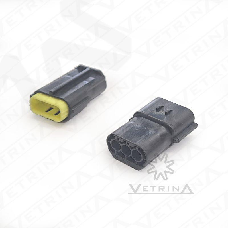 Conector macho selado TE Connectivity série Econoseal J de 3 vias, modelo 881774-1, cor preta, projetado para vedação estanque e alta resistência em chicotes elétricos veiculares.