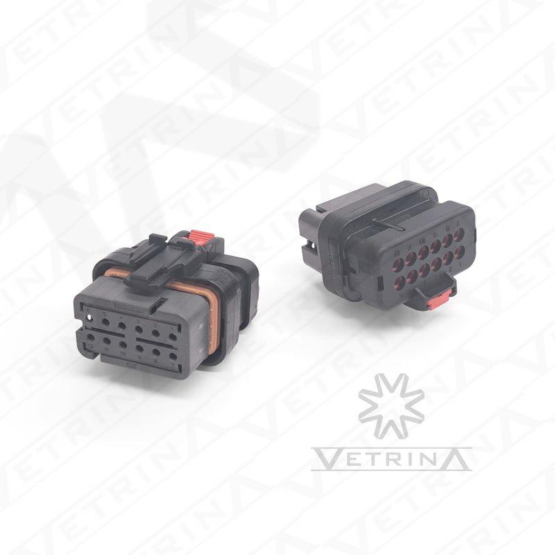 Conector fêmea selado TE Connectivity série AMPSEAL 16 de 12 vias, modelo 776533-2, cor cinza com chaveamento tipo 2, ideal para proteção contra umidade em chicotes elétricos industriais.