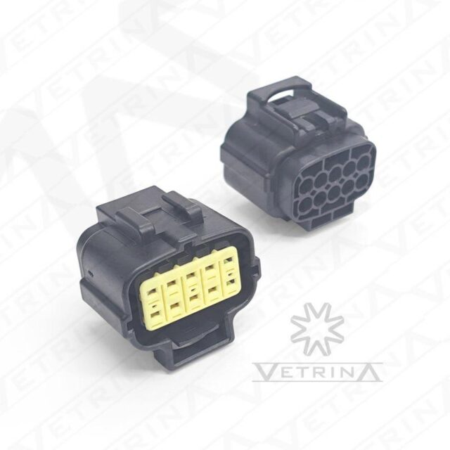 Conector fêmea selado TE Connectivity série Econoseal de 10 vias, modelo 2822395-1, cor preta, projetado para vedação confiável em sistemas elétricos automotivos.