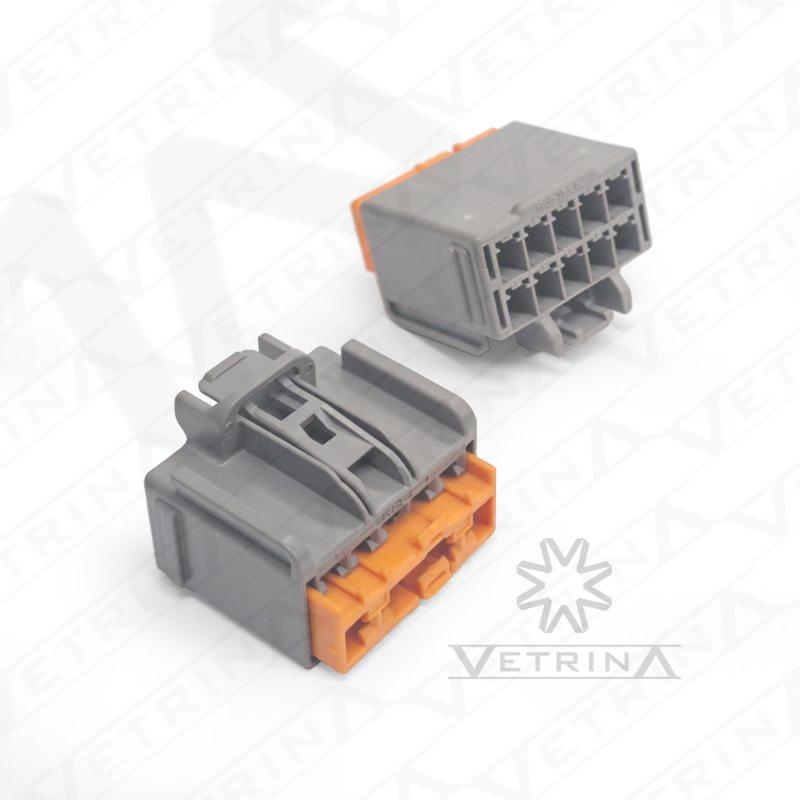 Conector fêmea selado Yazaki série Kaizen de 8 vias, modelo 7283-6457-40, cores cinza e laranja, para aplicações de chicotes automotivos de alta resistência.