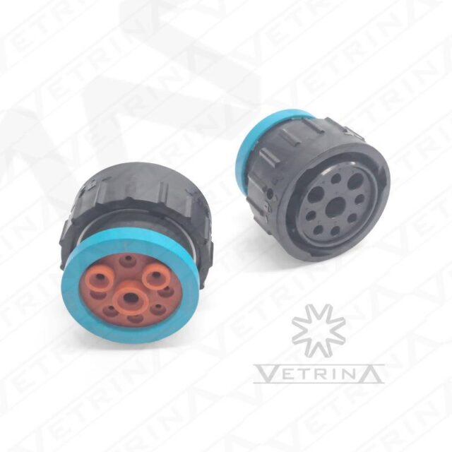 Conector plugue circular Amphenol série AHDP de 9 vias, modelo AHDP06-24-9SR-BRA, com anel adaptador traseiro e vedação reforçada para ambientes severos.