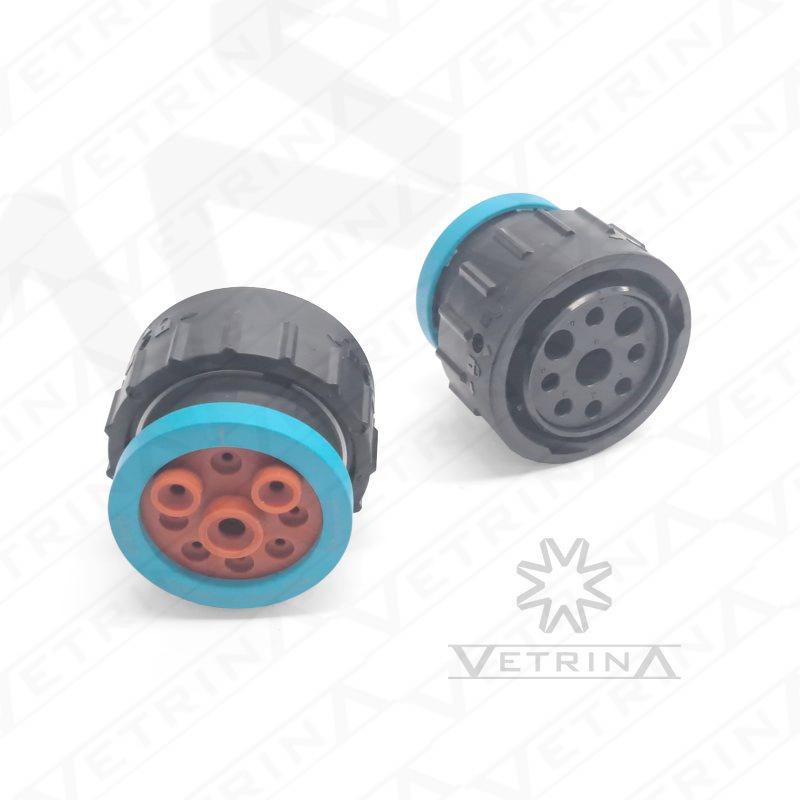 Conector plugue circular Amphenol série AHDP de 9 vias, modelo AHDP06-24-9SR-BRA, com anel adaptador traseiro e vedação reforçada para ambientes severos.