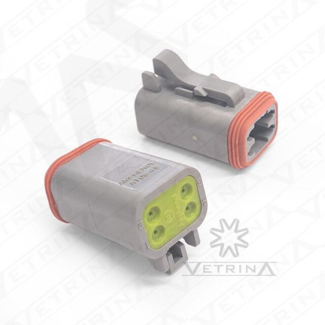 Conector plugue fêmea Amphenol série AT de 4 vias, modelo AT06-4S-RD01, cor cinza com selo traseiro verde para fios de parede fina.