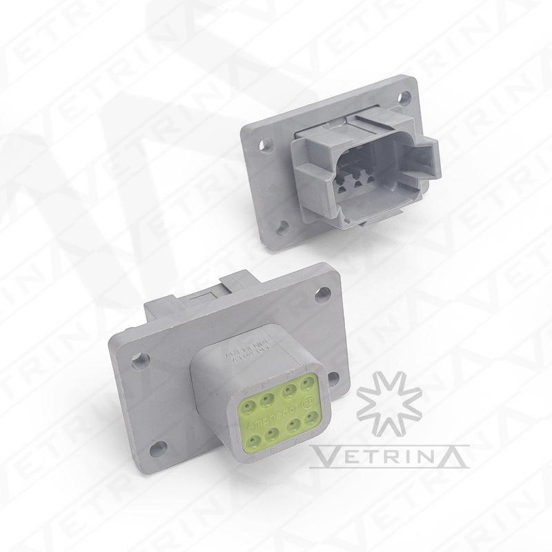 Conector macho Amphenol série AT de 8 vias com flange, modelo AT04-08PA-CL03, cor cinza para montagem em painel e proteção IP67.
