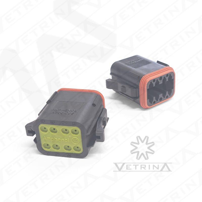 Conector plugue fêmea Amphenol série AT de 8 vias, modelo AT06-08SA-RDBLK, cor preta com selo traseiro para fios finos e proteção IP67.