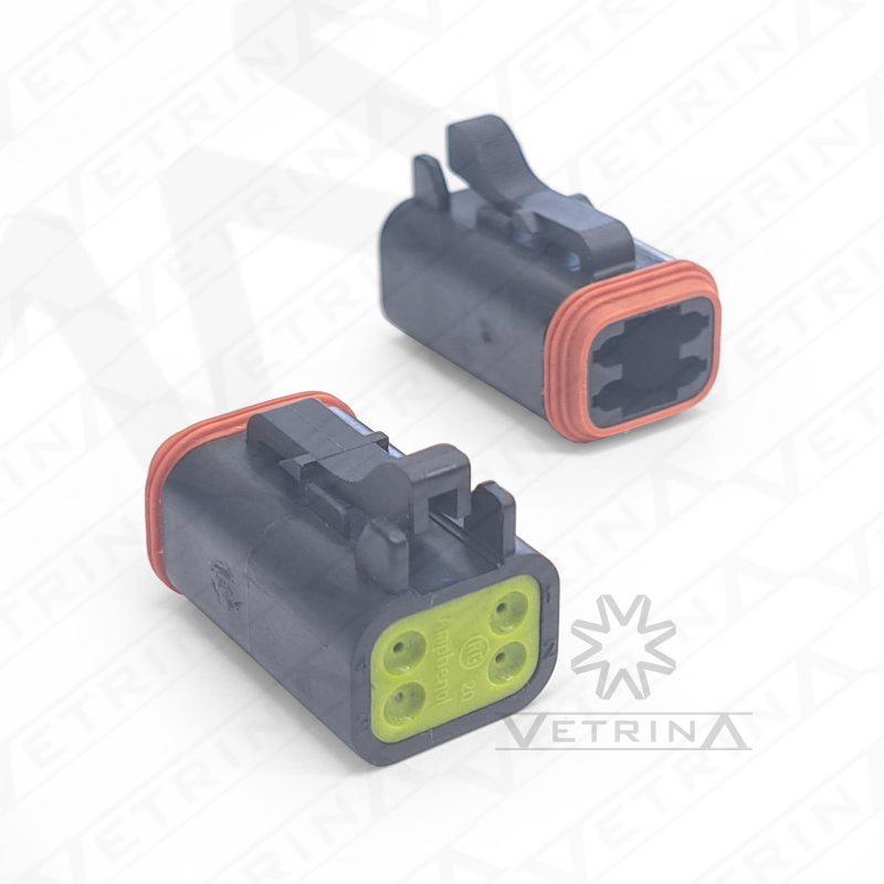 Conector plugue fêmea Amphenol série AT de 4 vias, modelo AT06-4S-RD01BLK, cor preta com selo para fios finos e proteção IP67.