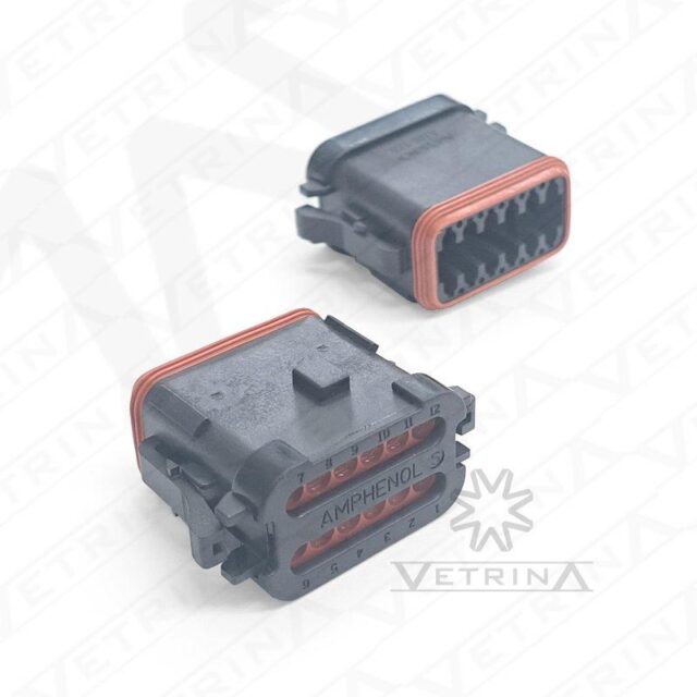 Conector plugue fêmea Amphenol série AT de 12 vias, modelo AT06-12SA-ECBLK, cor preta com retentor traseiro e proteção IP67.