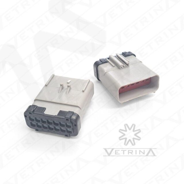 Conector macho selado Aptiv Apex 2.8 de 14 vias, modelo 54201416, cor branca com trava vermelha e proteção IP68.