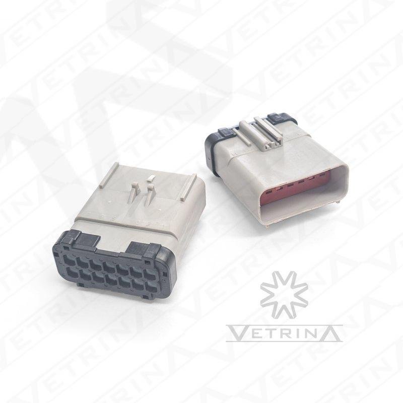 Conector macho selado Aptiv Apex 2.8 de 14 vias, modelo 54201416, cor branca com trava vermelha e proteção IP68.