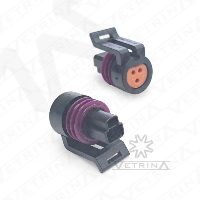 Conector fêmea selado Aptiv Metri-Pack 150.2 de 3 vias, formato triangular, modelo 12065287, cor preta com trava roxa.