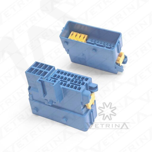 Conector macho selado Molex de 31 vias, modelo 98498-1006, cor azul com trava amarela e proteção IP67 para aplicações automotivas.