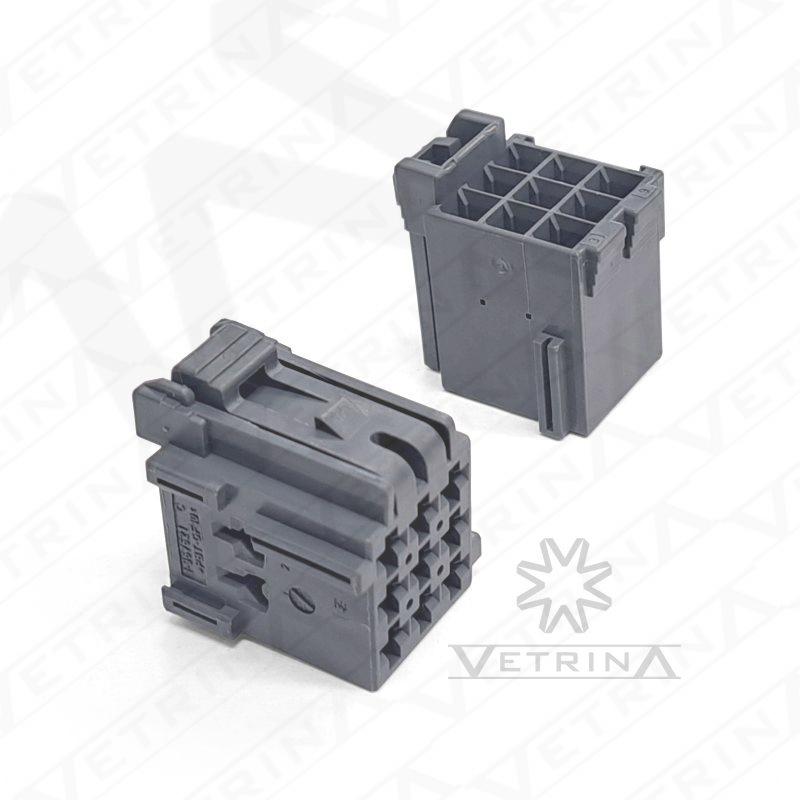 Conector fêmea TE Connectivity série MQS de 9 vias, modelo 1-967621-4, cor cinza para aplicações eletrônicas e chicotes automotivos.