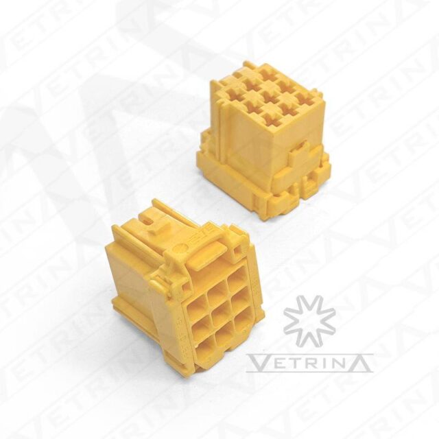 Conector fêmea TE Connectivity série MQS de 9 vias, modelo 8-968971-1, cor amarela para chicotes e módulos eletrônicos automotivos.