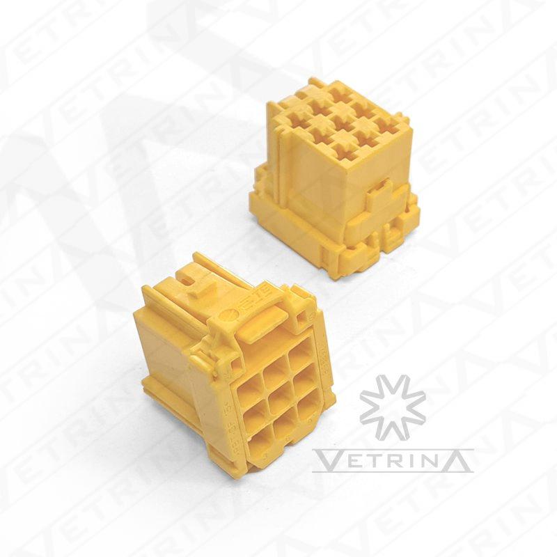 Conector fêmea TE Connectivity série MQS de 9 vias, modelo 8-968971-1, cor amarela para chicotes e módulos eletrônicos automotivos.