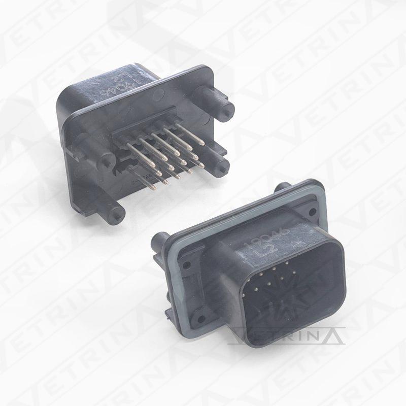 Conector macho (header) TE Connectivity série AMPSEAL de 14 vias, modelo 776262-1, cor preta para montagem em PCB com proteção IP6K9K.
