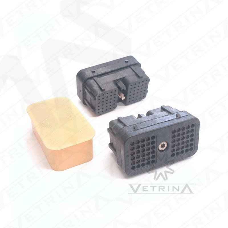 Conector plugue fêmea Deutsch série DRC de 60 vias, modelo DRC26-60S-07, cor preta com chaveamento Key 7 e proteção IP68 para módulos eletrônicos.