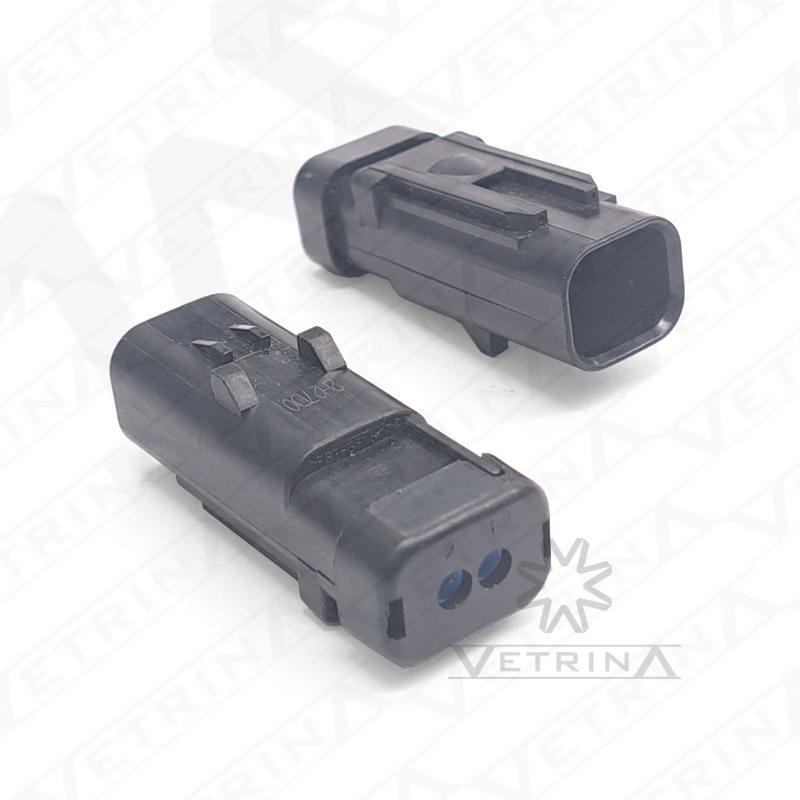 Conector macho TE Connectivity série AMPSEAL 16 de 2 vias, modelo 776534-2, cor cinza com vedação integrada e proteção IP6K9K.